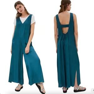 Anthropologie Juniper Wide Leg Silky Jumpsuit Dark Turquoise sz L Holiday Party